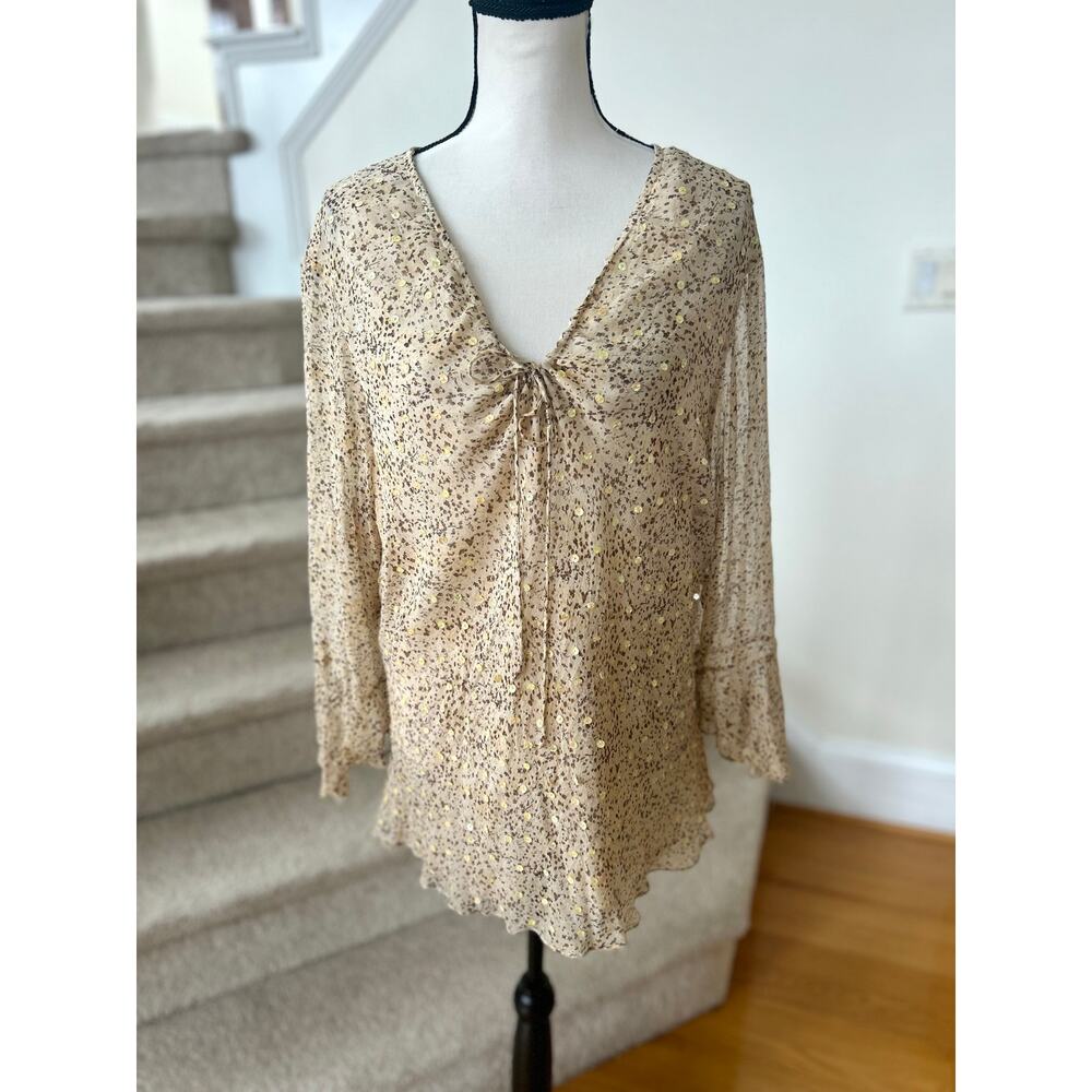 Vintage Y2K Babydoll Silk Beige Dot Sequin Long Sleeve V-Neck Boho Blouse